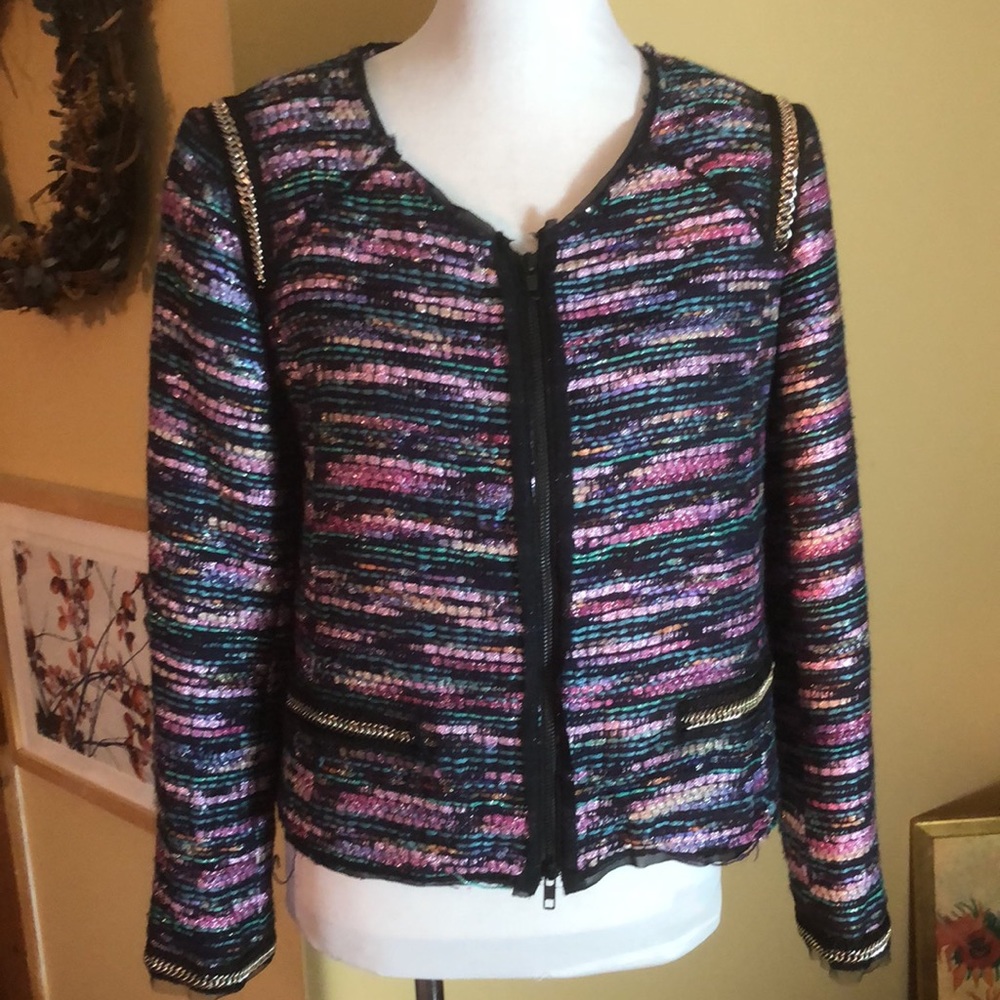 MILLY Size 10 Colorful Tweed Chunky Chain Detail Dual Zipper Chiffon $849 NEW